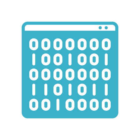 Blue rounded-square icon with a grid of 0s and 1s representing binary data or computing.
