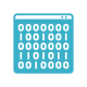 Blue rounded-square icon with a grid of 0s and 1s representing binary data or computing.