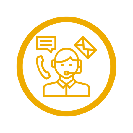 Customer support representative wearing a headset with chat and email icons inside an orange circular border.