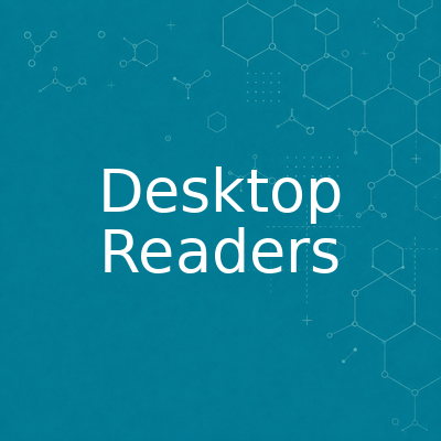 Blue background with white 'Desktop Readers' text and light science-inspired diagram patterns across the page.