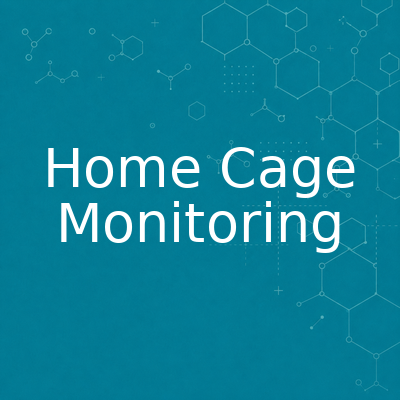Teal banner with the words 'Home Cage Monitoring' in white, featuring faint scientific diagrams in the background.