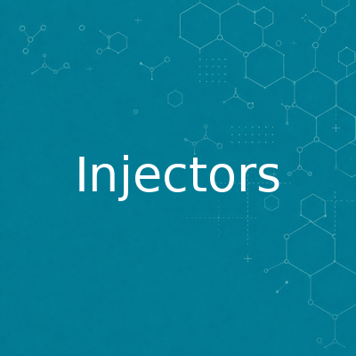 Blue gradient background with white text 'Injectors' and subtle chemical diagram patterns in the corners (title image).